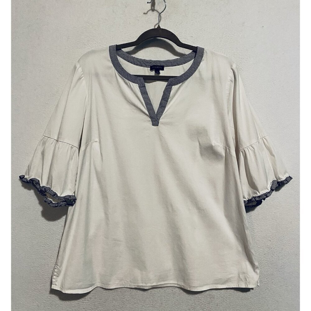 Talbots Top Womens Large White Split Neck Gingham Trim Bell Sleeve Cottagecore